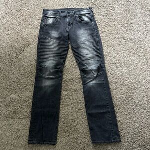 True Religion Moto Jeans Mens 32 Faded Black Pleated Slim Axel Gray Grey
